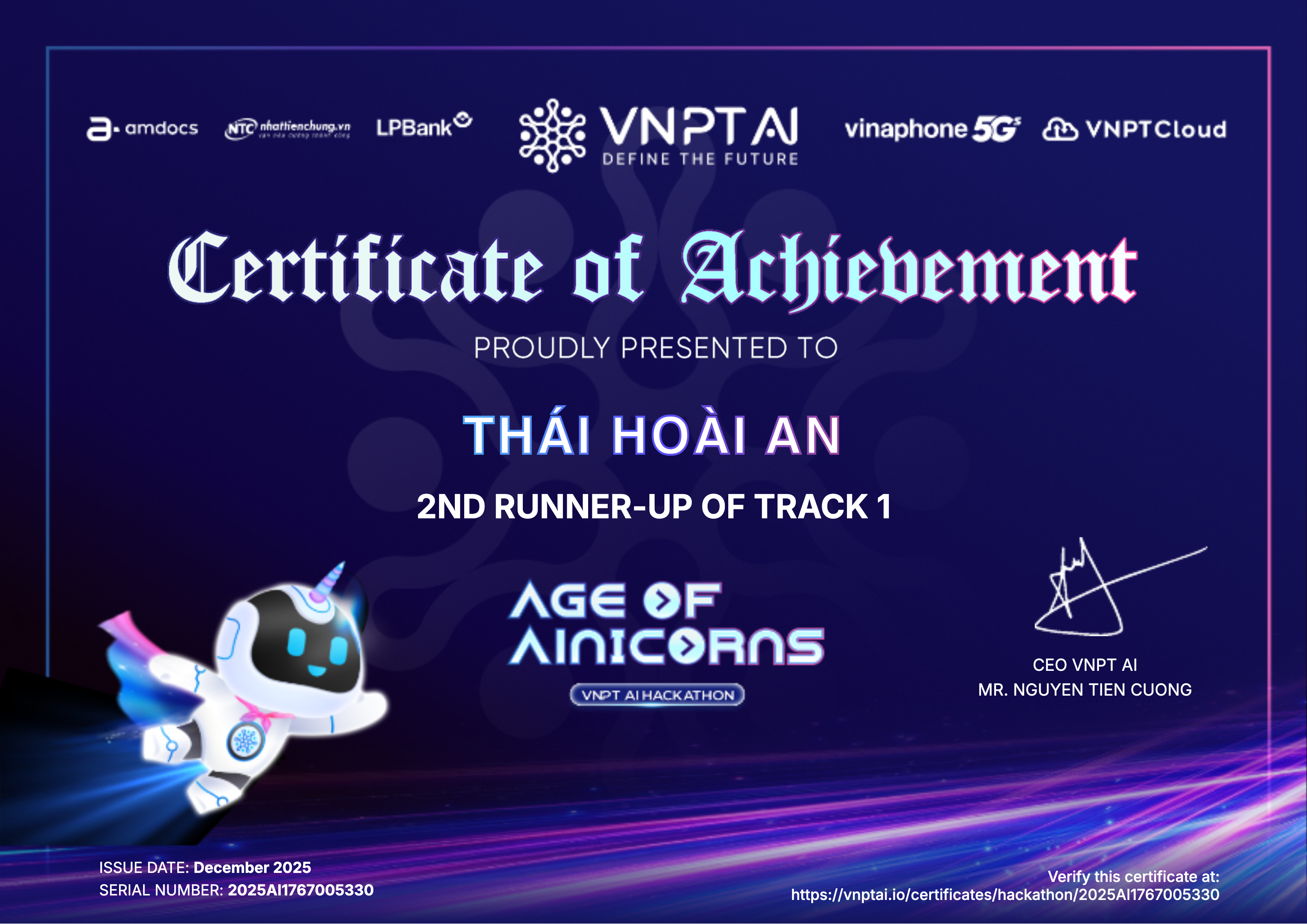 VNPT AI Hackathon 2025 - 3rd Prize Certificate